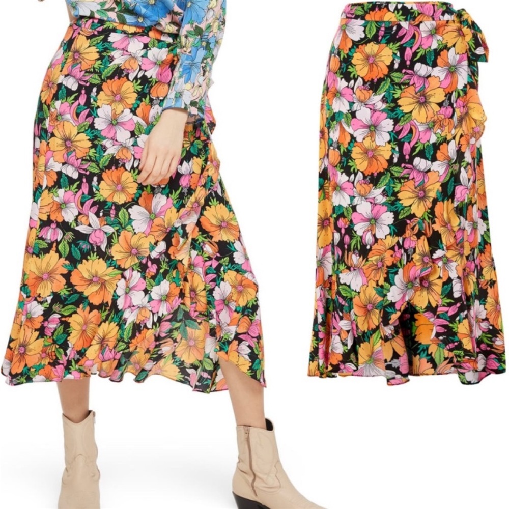 TOPSHOP Floral Midi Wrap Skirt